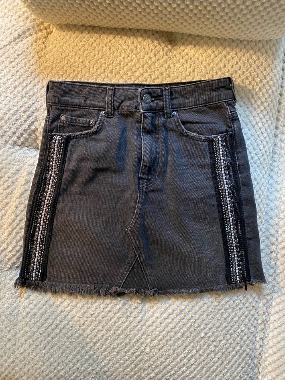 Free People Charcoal Black Denim Mini Skirt with Beaded Side Panels